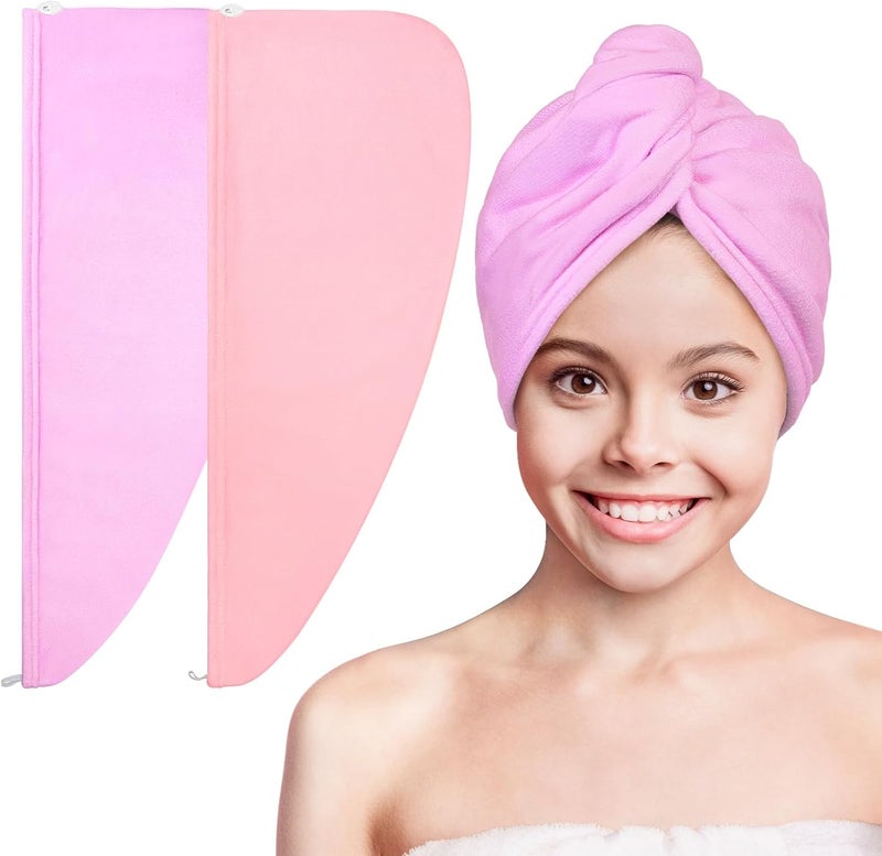 Basumee Microfiber Hair Towel Wrap for Kids 2 Pack Rapid Drying Hair Towel with Button Hair Turbans for Wet Hair Wraps Head Towel Wrap for Women and Girls - Image 1